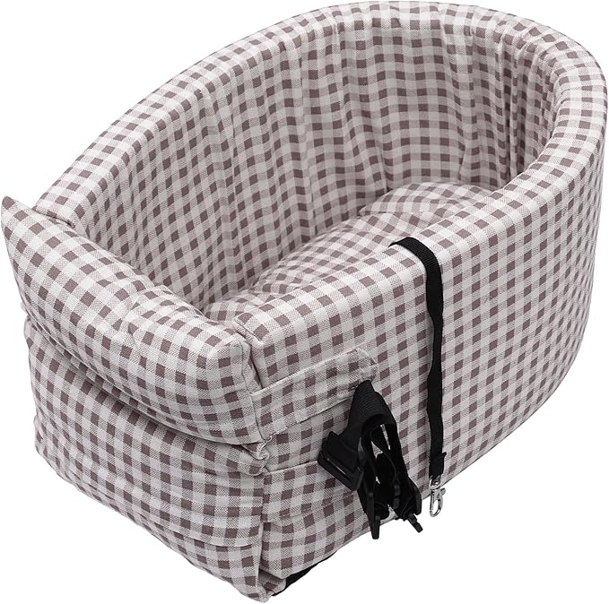 X AUTOHAUX Plaid Style Dog Car Seat Adjustable Straps for Medium Small Sized Puppy Cat Seat Pets Soft Non Slip Bottom Travel Bed Brown White