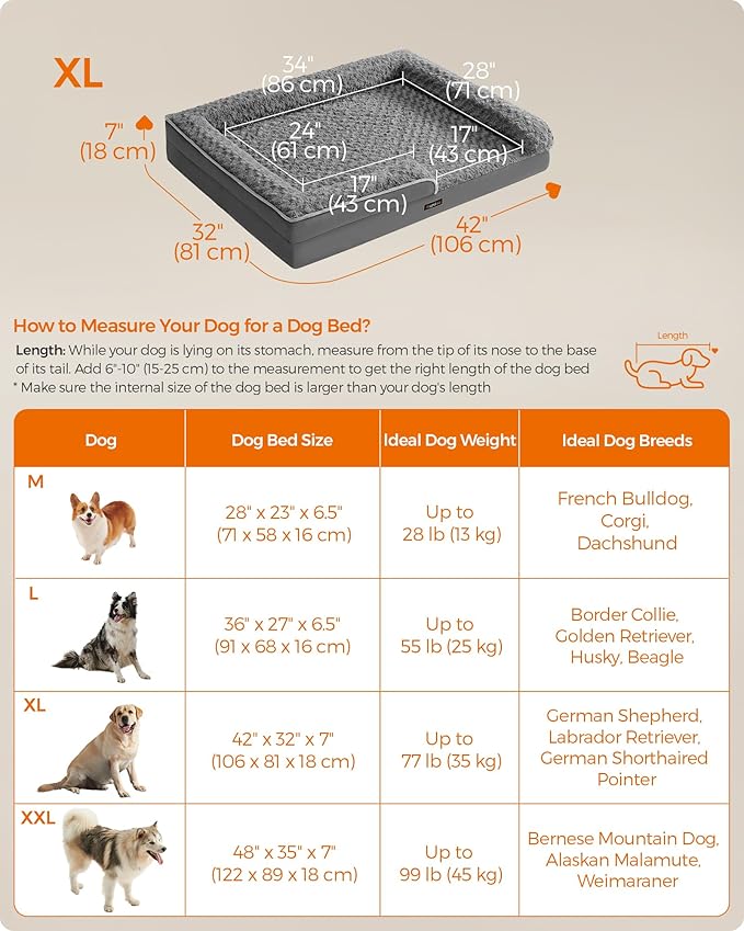 Feandrea Orthopaedic Dog Bed for Large Dogs 42 x 32 x 7 Inches, UPGW253G02