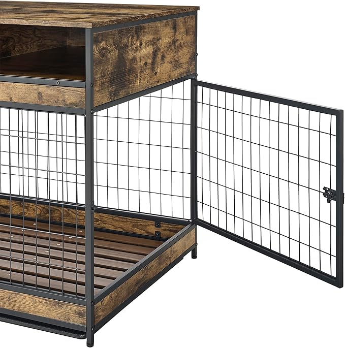 Okak Dog Crate Furniture Wooden Dog Crate Table with Drawers and Wheels Heavy Duty Dog Cage with Double Iron Doors Dog Kennel Indoor for Medium/Large Dog Brown,38.78" L