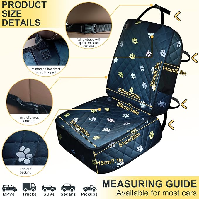 Riakrum Dog Car Seat Cover for Front Durable Colored Paw Prints Waterproof Protector Against Dirt Scratch Proof Non Slip Padded Quilted Front Seat Covers for Dog for Cars