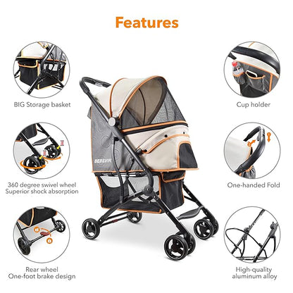 Dog Stroller Pet Stroller Cat Stroller Advanced Portable 1-Hand Quick