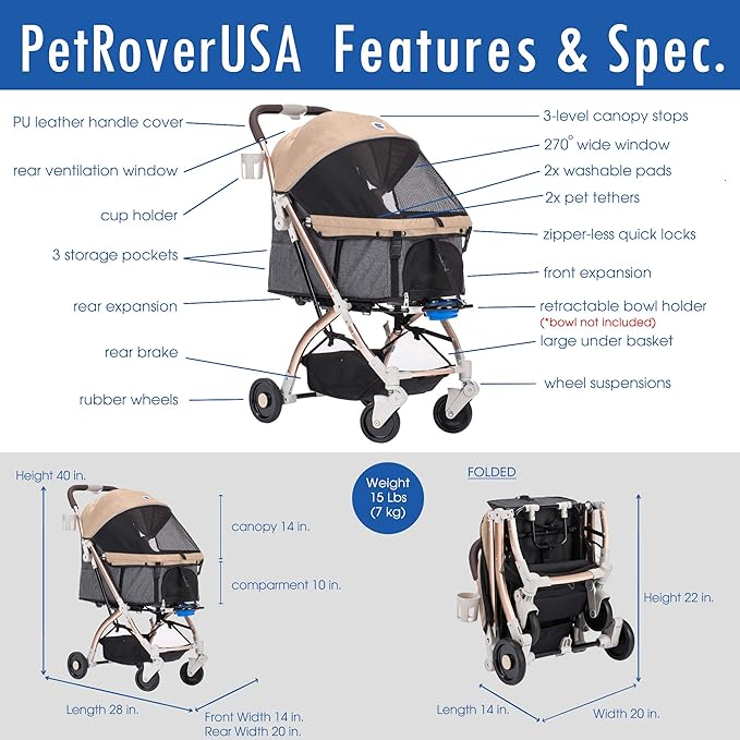 Pet Rover Lite Premium Light-Weight Dog/Cat/Pet Stroller Travel 2nd-Gen.)
