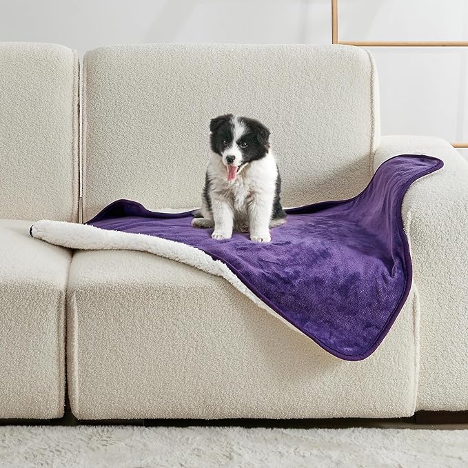 Waterproof Blanket for Bed Couch Sofa, Soft Liquid Pee Proof Pet Blanket for Dog Puppy Cat, Reversible Sherpa Fleece Blanket for Furniture Protector (Dark Purple, 30x40 inches)