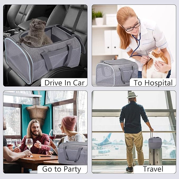 Cat Carrier Dog Carrier Portable Pet Carrier, Soft Sided Fat Cat Carrier Medium Airline Approved, Foldable Bunny Puppy Cat Carrier up to 20lbs, Cat Bag Carrier for Travel (Grey)