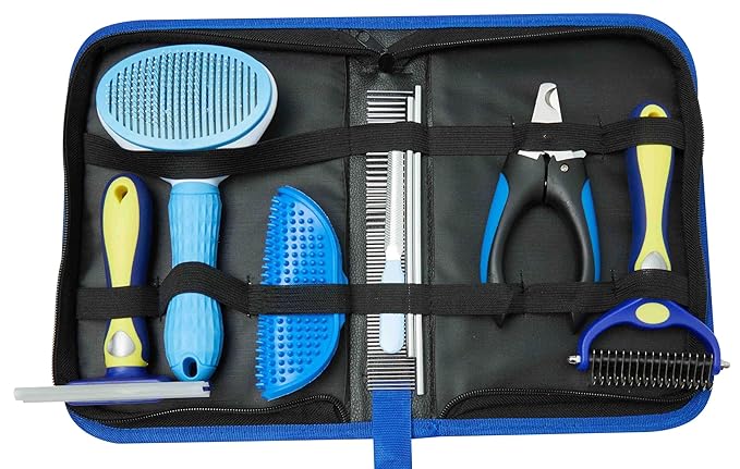 Dog Brush For Shedding Kit 8PCS Pet Grooming Kit for Dogs & Cats: Self Cleaning Slicker Brush, Deshedding Dog Brush, Bath Brush, Pets Nail Clippers & Complete Comb Set (Blue)