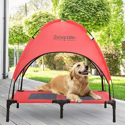 S/M/L Outdoor Elevated Dog Cot with Canopy & Side Shade for Camping Small Medium Dogs (Carry Bag)