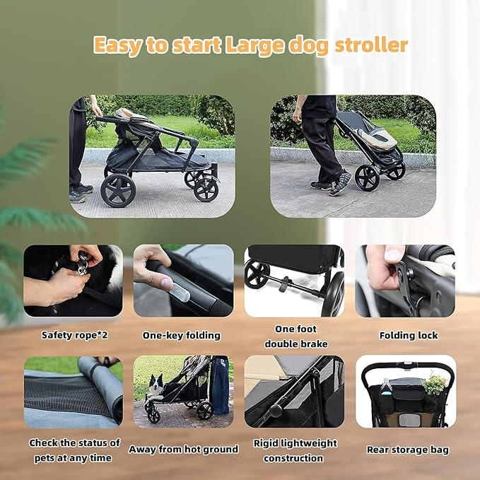 Dog Stroller for Medium/Large Dogs One-Click Folding Totoro 4 Wheel 2 Dogs 110LBS (Beige&Grey)