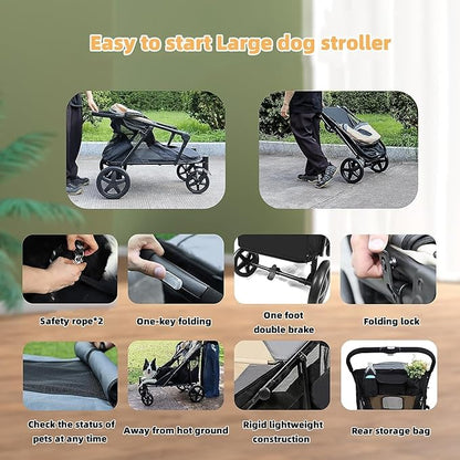 Dog Stroller for Medium/Large Dogs One-Click Folding Totoro 4 Wheel 2 Dogs 110LBS (Beige&Grey)