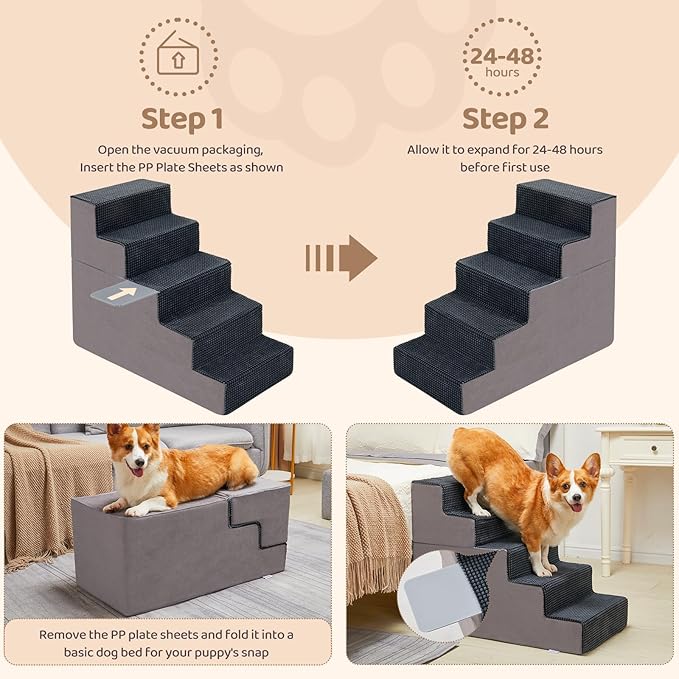 5-Step Dog Stairs, 22.5'' H Dog Stairs for High Beds, Non-Slip Bottom Pet Stairs for Small Dogs and Cats, Indoor Pet Steps Dog Ramp for Bed, Grey