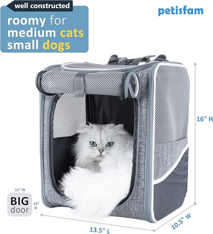 petisfam Ergonomic Design Pet Backpack Carrier for Medium Cats and Small Dogs. Better stability and Less Turbulence, Well Padded, 4 Pockets, Breathable, Easy Storage