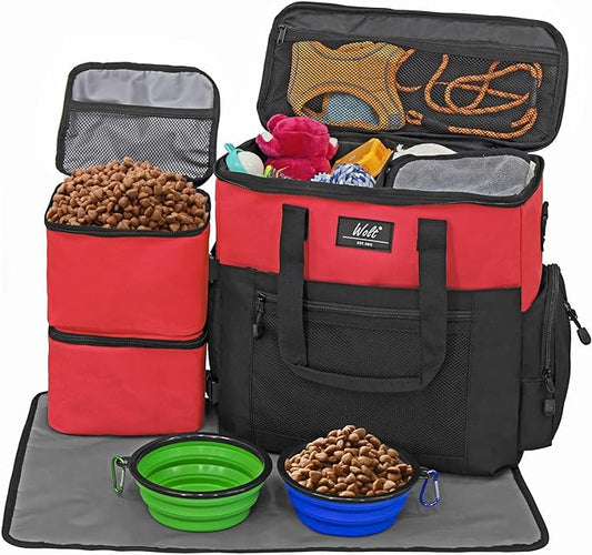 WOLT | Pet Travel Bag Kit for Dog Carrier & Travel, Includes 2 Food Containers + 2 Collapsible Bowls + 1 Placemat, Airline Approved Organizer for Pet Supplies Essentials Camping, Hiking, Weekend Away