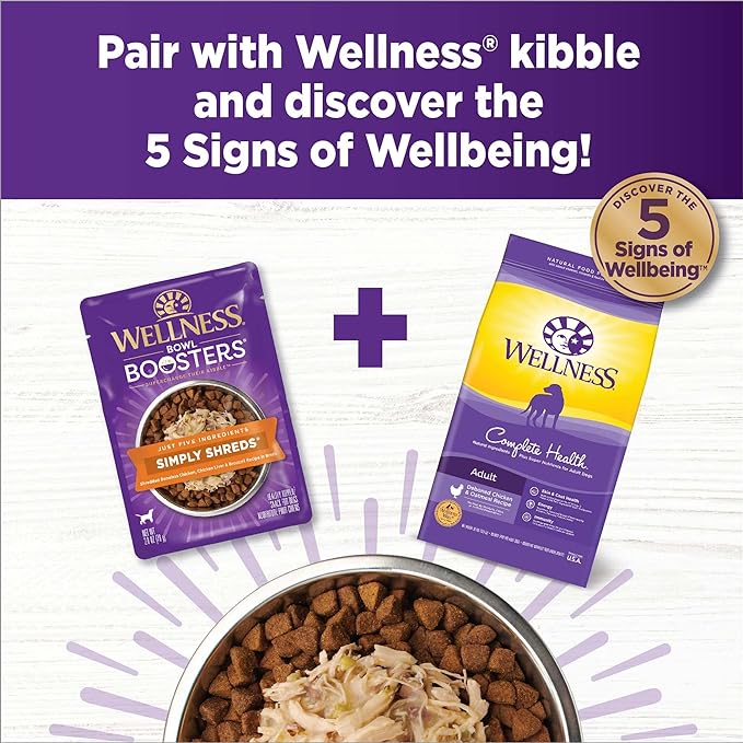 Wellness CORE Simply Shreds Natural Grain Free Wet Dog Food Mixer or Topper, Chicken Liver & Broccoli, 2.8-Ounce Pouch (Pack of 12)