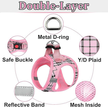 Dog Harness Step-in Breathable Puppy Cat Dog Vest Harnesses for Small Medium Dogs Pink Plaid