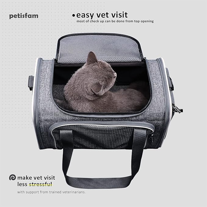 petisfam Top Load Cat Carrier Bag for Medium Cats and Small Dogs. Airline Approved, Collapsible, Escape Proof and Auto-Safe. Easy to get cat in and Make Vet Visit Less Stressful