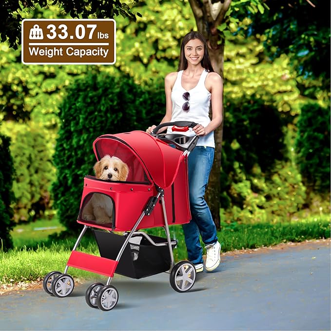 Pet Stroller 4 Wheels Dog Cat Stroller for Medium Small Dogs Cats, Folding Cat Jogger Stroller with Storage Basket & Breathable Mesh, Easy to Walk Travel Carrier, Red