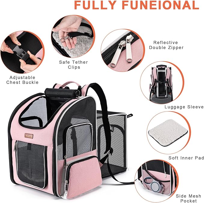 Cat Backpack Carrier, Dog Backpack Carrier for Small Dogs Medium Cats, Airline Approved Expandable Pet Backpack Carrier for Small Dogs Puppies Medium Cats Fit Up to 18 Lbs, Pink