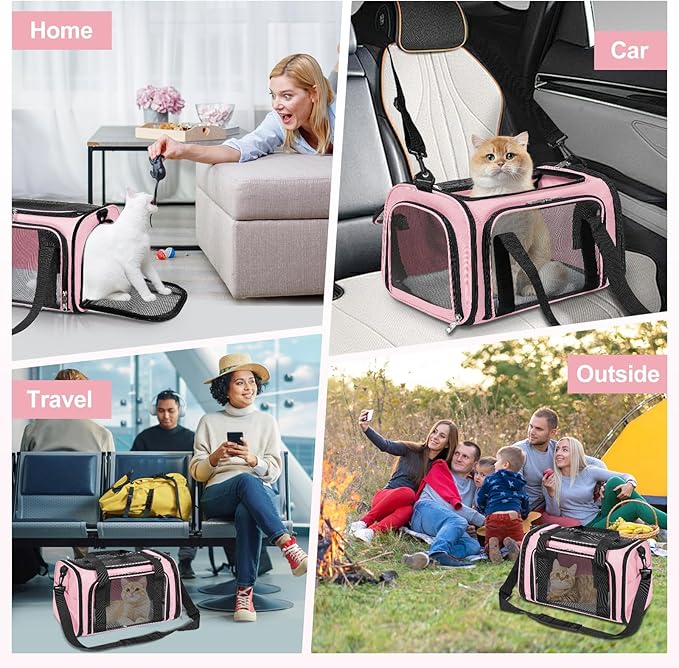 Cat Dog Carrier Up to 15 Lbs TSA Airline Approved Pet Carrier for Small Medium Cats Puppies Dog Carriers for Small Dogs Collapsible Soft Sided Cat Travel Carrier - Pink 15.7"x10.2"x10.2"