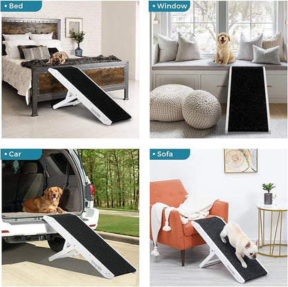 19" Tall Pet Ramp - Small to Medium Dogs and Cats Use - Wooden Folding Portable Dog Ramp Perfect for Couch or Bed with Non Slip Carpet Surface - 4 Levels Height Adjustable Up to 110Lbs