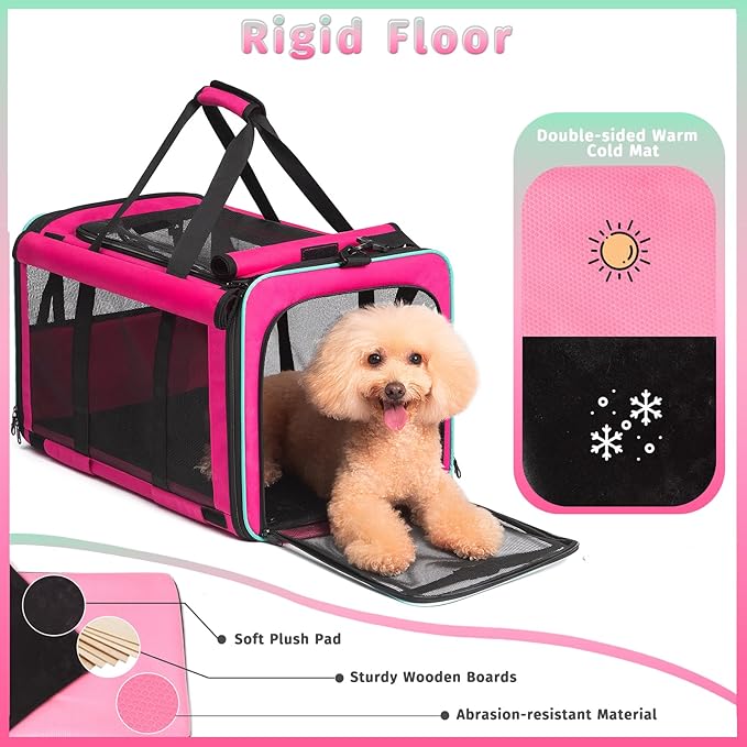 Large Cat Carrier with Wheels, Foldable Rolling Cat Carrier for 2 Cats with Wheels for Cat Dog Under 30 lbs, Cat Carrier Travel Bag with Large Pocket for Outdoor, Pink