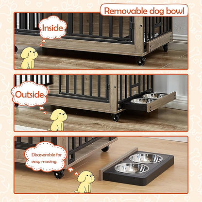 NicBex Dog Crate Furniture Dog Cage with Removable Feeding Bowls and 3 Doors