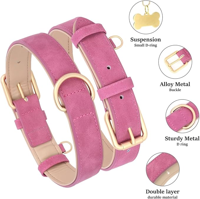 Didog Soft Padded Leather Dog Collar, Adjustable Dog Collars for Small Dogs, Heavy Duty Small Dog Collar Leather with Metal Buckle and D Ring, Hot Pink,S