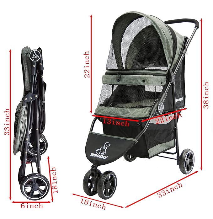 ROODO Dog Stroller 3Wheel Pet Stroller Cat Stroller 30lbs Small