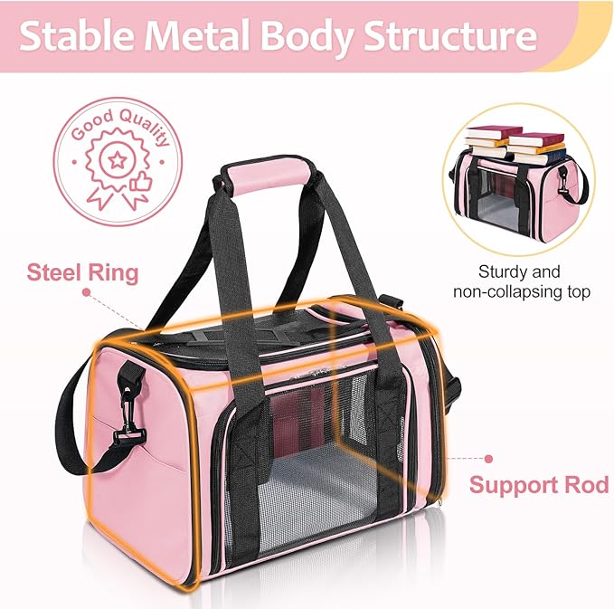 Cat Dog Carrier Up to 15 Lbs TSA Airline Approved Pet Carrier for Small Medium Cats Puppies Dog Carriers for Small Dogs Collapsible Soft Sided Cat Travel Carrier - Pink 15.7"x10.2"x10.2"