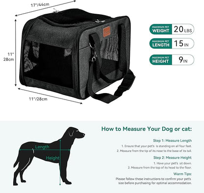 YITAHOME Pet Carrier for Medium Cats and Puppies, Soft-Sided Cat Carrier for Pets Up to 20lbs, Airline Approved Breathable Collapsible Pet Travel Carrier with Bottom Protection and Safety Leash, Black