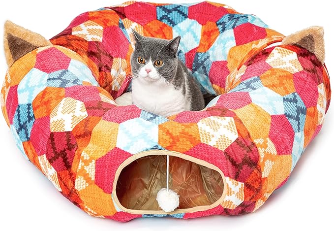 AUOON Cat Tunnel Bed with Central Mat,Big Tube Playground Toys,Soft Plush Material,Full Moon Shape for Kitten,Cat,Puppy,Rabbit,Ferret (Orange)