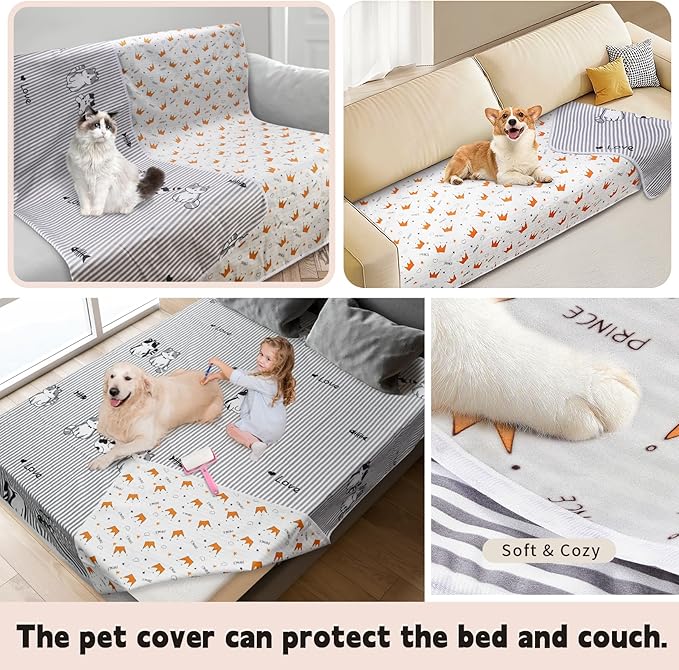 Waterproof Bed Cover for Dogs, Reversible Soft Couch Cover for Dogs with Lint Roller, Cute Pattern Design Pet Blanket for Bed Washable(68“*82”)