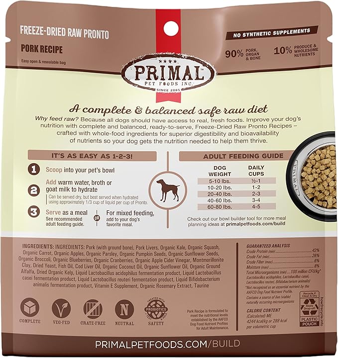 Primal Freeze Dried Dog Food Pronto, Pork; Scoop & Serve, Complete & Balanced Meal; Also Use As Topper or Treat; Premium, Healthy, Grain Free, High Protein Raw Dog Food (7 oz)