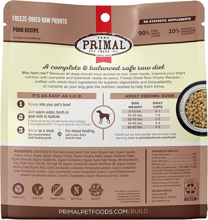 Primal Freeze Dried Dog Food Pronto, Pork; Scoop & Serve, Complete & Balanced Meal; Also Use As Topper or Treat; Premium, Healthy, Grain Free, High Protein Raw Dog Food (7 oz)