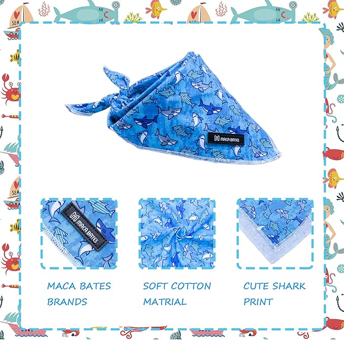 MACA Bates Blue Shark Dog Bandana Triangle Scarf Handkerchief Soft Cotton Cute Adjustable Puppy Bandanas Gift for Small Medium Large XL Pets