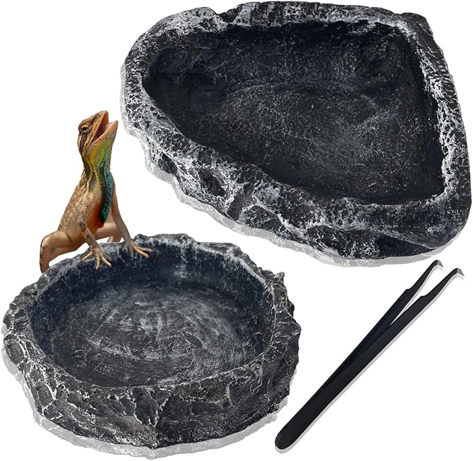 2 Pack Reptile Water Dish - Reptile Water and Food Bowls with Tongs Imitating Natural Rock，Breadworm Feeding for Leopard Gecko Lizard Spider Scorpion Chameleon (2Pcs Square+Round)