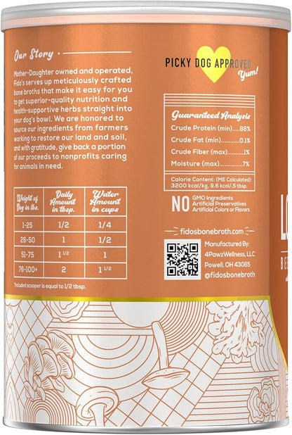 Fido's Longevity Bone Broth for Dogs - Turkey Tail + Maitake Mushroom - Grass-Fed Beef Bone Broth Powder - Dog Immune Support - Mushroom Supplement for Dogs - Dog Food Topper for Dry Food - 60 Scoops