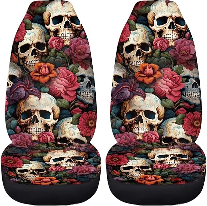 Floral Skull Car Seat Covers for Front Seats SUV Truck Van Sedans Bucket Seat Covers for Women Men