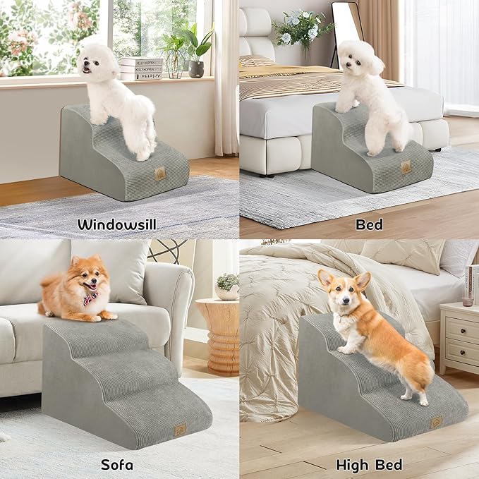 3-Tiers High Density Foam Dog Stairs for High Bed Sofa,Soft Foam Ramp Steps Stairs with Machine Washable Fabric Cover,Slope Stairs Friendly to Pets Joints-1 Lint Roller with 2 Refills,Light Gray