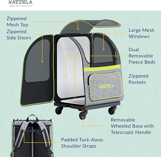 Katziela Wheeled Pet Carrier Backpack - Soft Sided, Airline Approved Hiking Carrying Bag for Small Dogs and Cats – Removable Rolling Wheels – Mesh Ventilation Windows, Storage Pockets (Green/Gray)