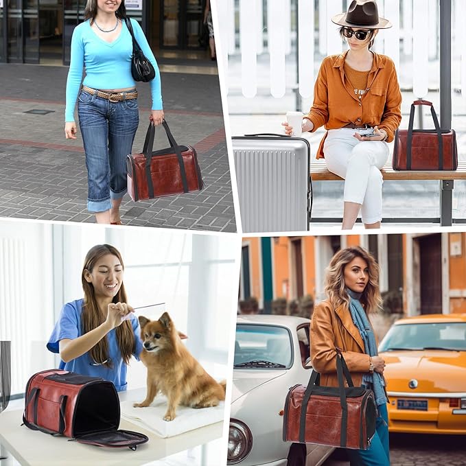 Fashion Leather Dog Carrier Cat Carrier Airline Approved Pet Carrier for Small Medium Dogs Cats Under 15Lbs, Collapsible Soft Sided Travel Puppy Carrier Coffee