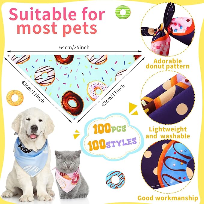 100 Pcs Donut Dog Bandanas Bulk Pet Bandanas