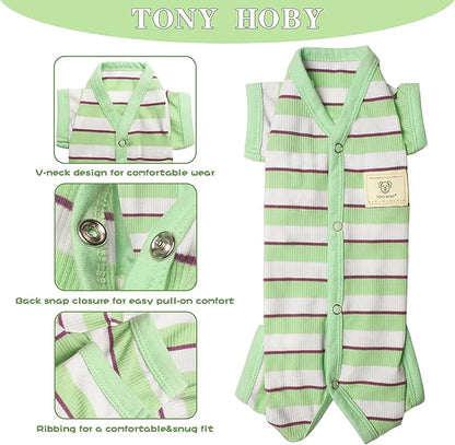 TONY HOBY Dog Pajamas, Dog Jumpsuit 4 Legged Pajamas with Green Stripe, Female Dog Pajamas Pet Clothes for Small Medium Size Dog (Green&White, Girl, L)