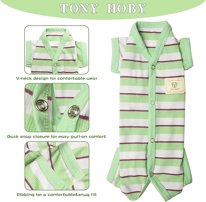 TONY HOBY Dog Pajamas, Dog Jumpsuit 4 Legged Pajamas with Green Stripe, Female Dog Pajamas Pet Clothes for Small Medium Size Dog (Green&White, Girl, XS)