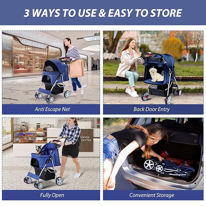 4 Wheels Pet Stroller for Small Medium Dogs Cats 33 lbs