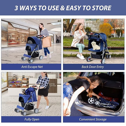 4 Wheels Pet Stroller for Small Medium Dogs Cats 33 lbs