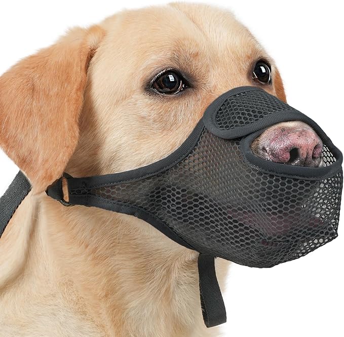 LUCKYPAW Dog Muzzle for Large Medium Small Dogs, Mesh Muzzle for Dog to Prevent Biting Chewing Licking Eating, Soft Dog Muzzle with Front Opening Design for Drinking Panting (Black, L)