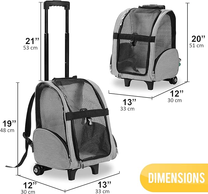 KOPEKS Deluxe Backpack Pet Travel Carrier with Double Wheels - Heather Gray - Approved by Most Airlines