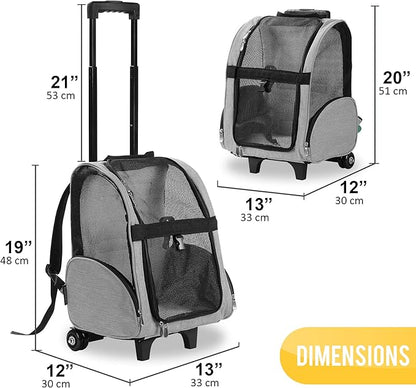 KOPEKS Deluxe Backpack Pet Travel Carrier with Double Wheels - Heather Gray - Approved by Most Airlines