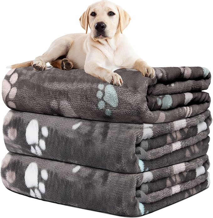 Rezutan Upgraded Dog Blankets for Large Dogs,3Pack Dog Cat Blankets Washable, Soft Pet Mat Throw Cover for Kennel Crate Bed, Cute Paw Pattern, Dog Blanket, Pet Blanket (Grey 31"x41")