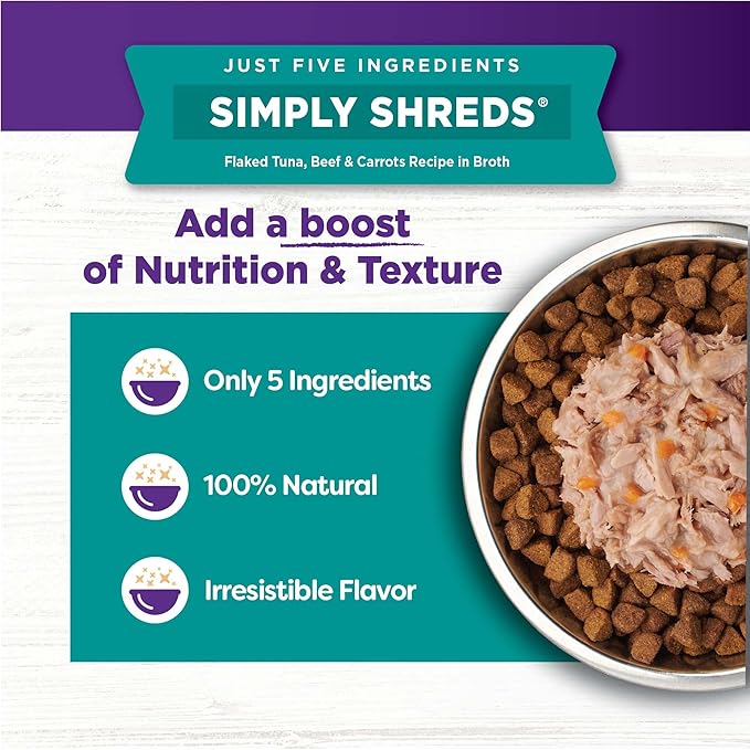 Wellness Bowl Boosters Simply Shreds Natural Grain Free Wet Dog Food Mixer or Topper, Tuna, Beef & Carrots, 2.8-Ounce Pouch (Pack of 12)