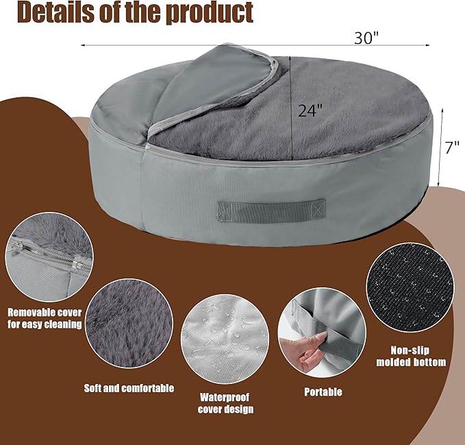 BALAPET Bean Bag Dog Bed Calming Dog Bed for Large Dogs with Removable Quilt Top & Washable Cover 30 inches Anti-Slip Round Fluffy Plush Dog Bed